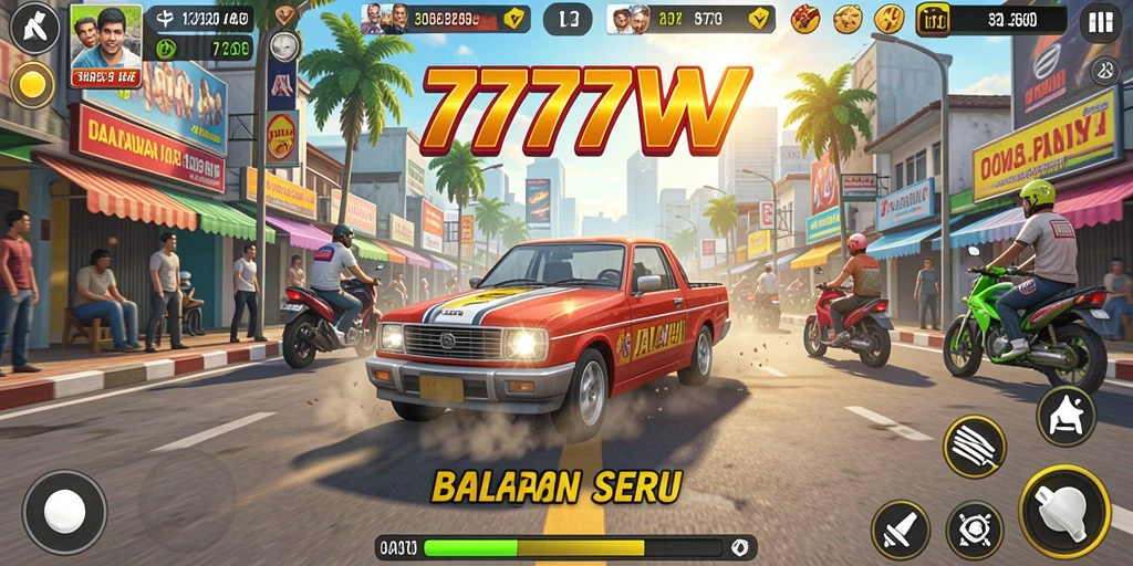 Screenshot gameplay 7777W menampilkan balapan mendebarkan dan mobil-mobil cepat.