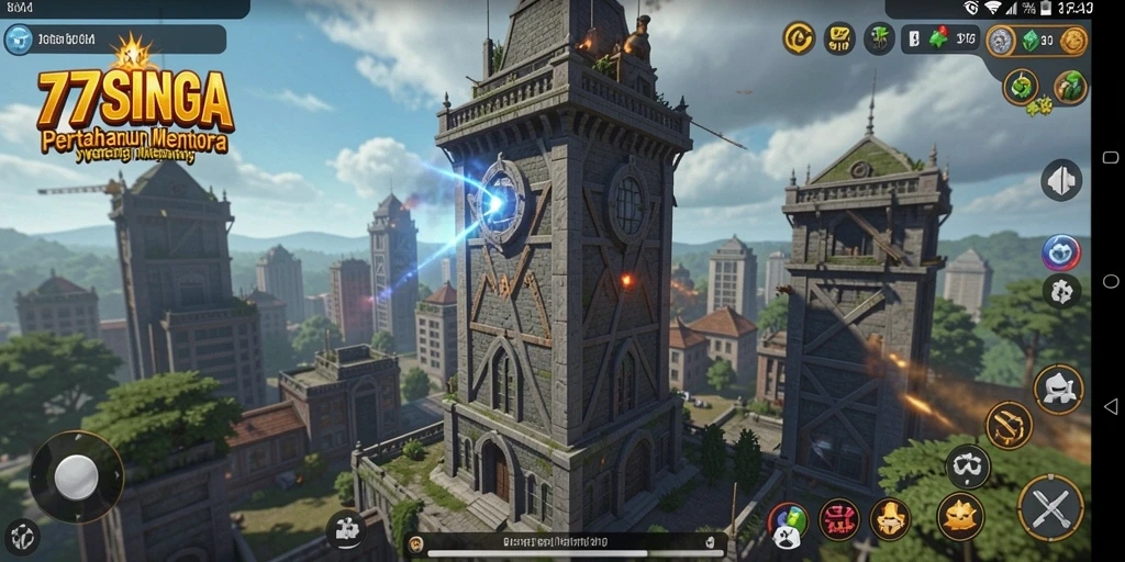 Gameplay seru 77SINGA dengan menara dan musuh yang menantang.
