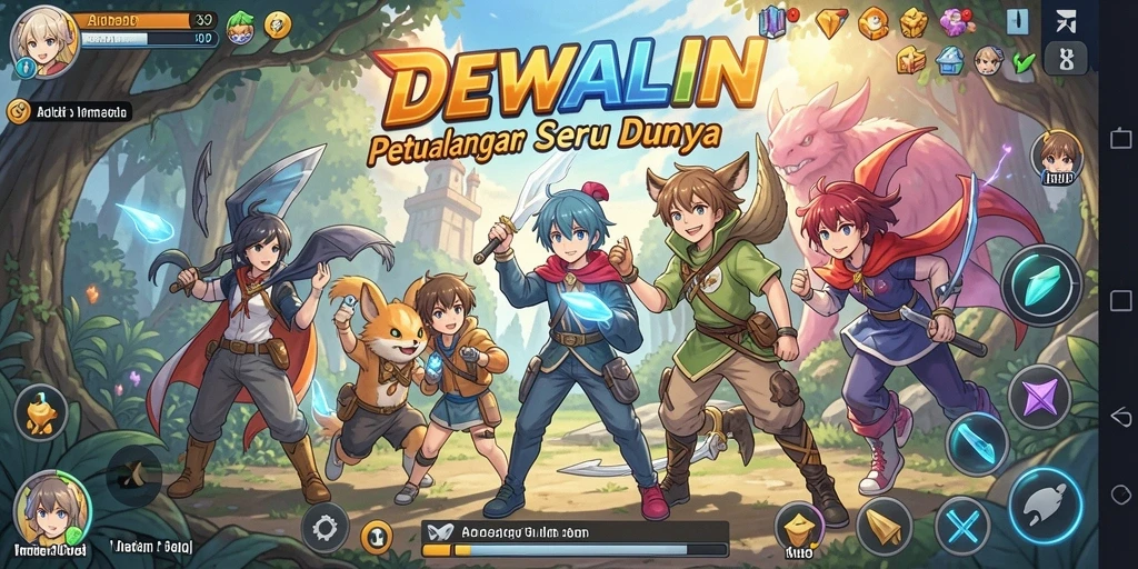 Screenshot utama DEWALIN menampilkan pertarungan seru dengan karakter anime.