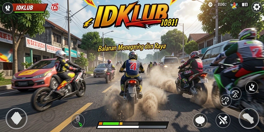 Screenshot IDKLUB menampilkan aksi balapan seru di trek yang menantang.