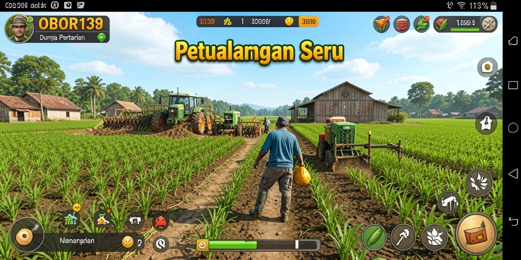 Screenshot gameplay OBOR138 dengan tampilan ladang yang subur dan hewan ternak.