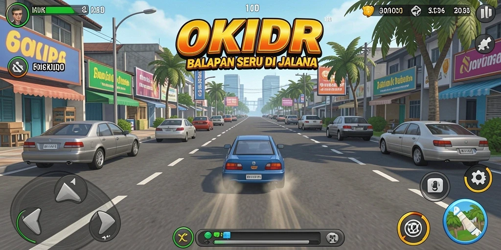 Screenshot gameplay OKIDR menunjukkan balapan mendebarkan di jalanan kota.