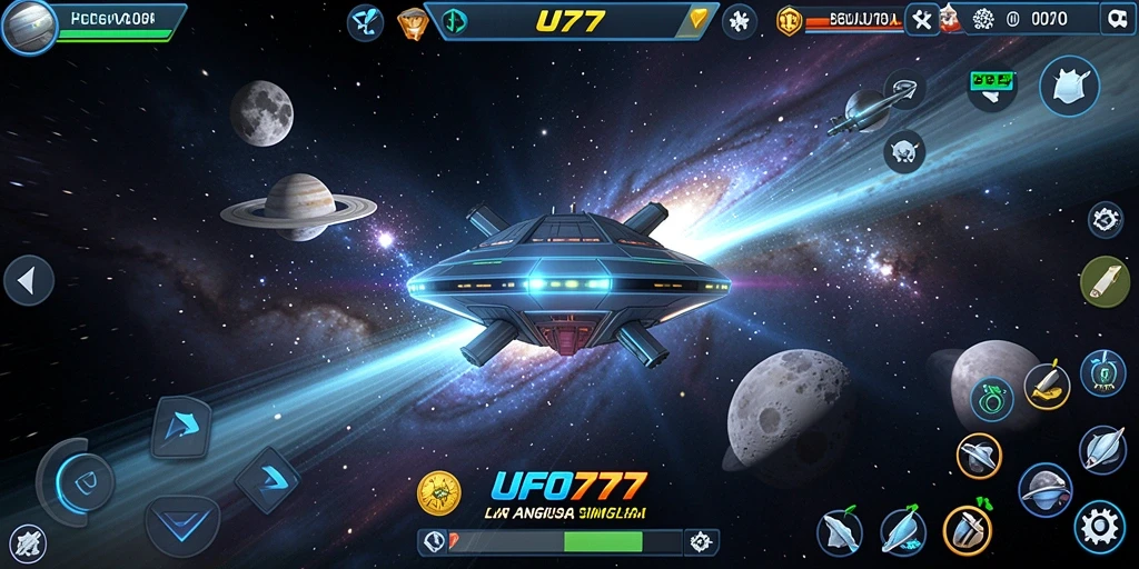 Tangkapan layar dari gameplay UFO777 yang menampilkan eksplorasi luar angkasa.