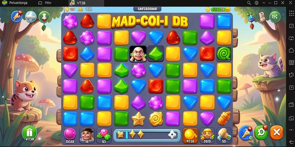 Tampilan gameplay seru VT38 saat mencocokkan permata di level menantang.